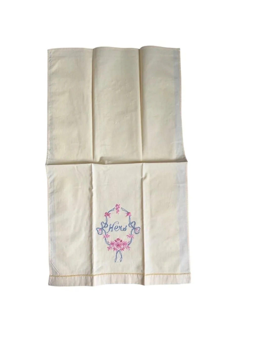 Vintage His Hers Embroidered Yellow Guest Towels Pink Blue Floral Design Pair